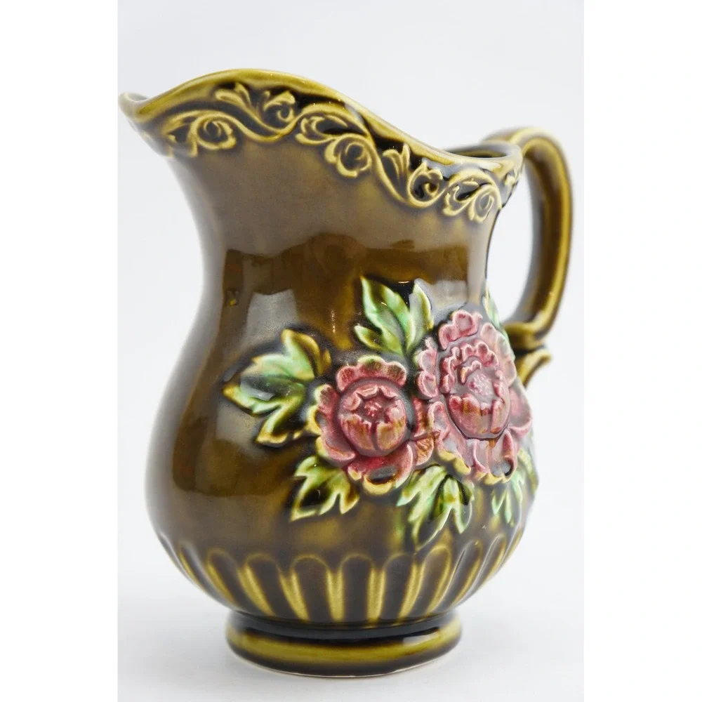 Enesco MCM Pitcher + Basin Bowl Set Brown Floral Embossed Japan Good